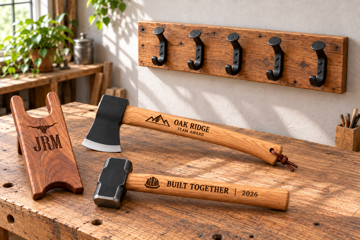 Custom engraved walnut boot jack, axe and sledgehammer with reclaimed wood wall rack in a sunlit workshop
