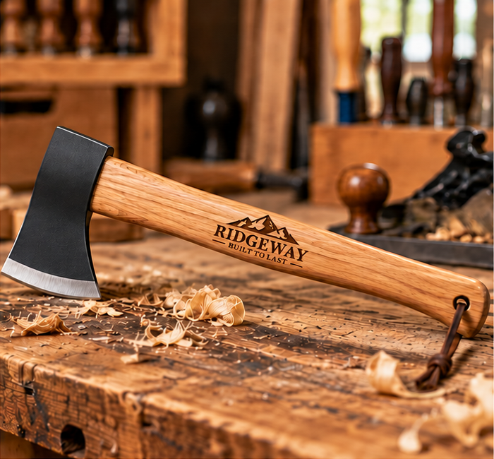 Custom engraved axe with 12-inch hickory handle and clean black head — company design