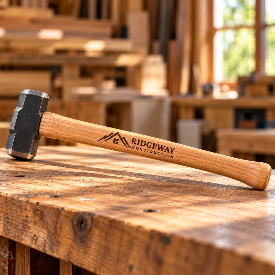 Personalized sledgehammer with long hickory handle and company engraving
