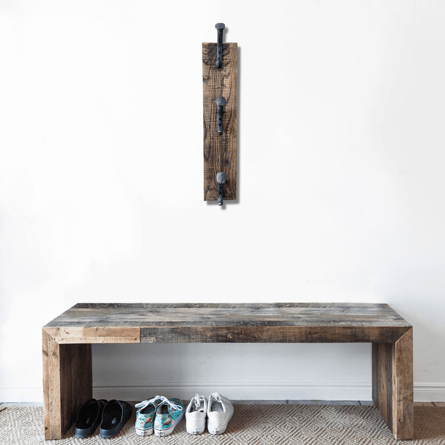 Backpack Wall Rack with 3 Railroad Stakes in Rustic Farmhouse Style