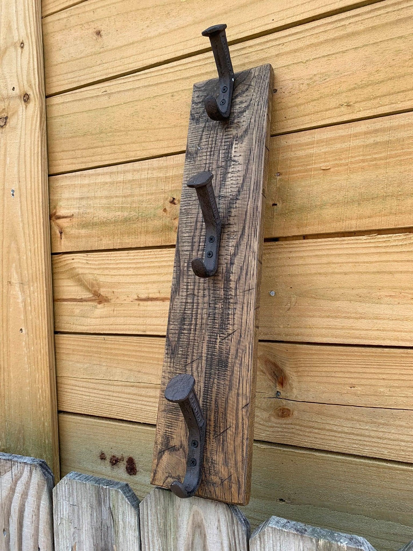 Backpack Wall Rack with 3 Railroad Stakes in Rustic Farmhouse Style