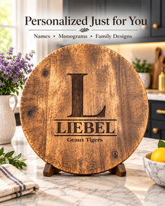 Design 1 personalized wooden Lazy Susan with custom family name and monogram engraving