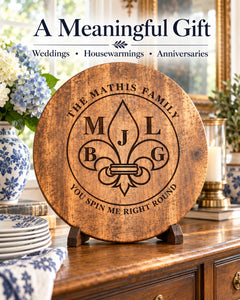 Design 2 personalized wooden Lazy Susan with fleur de lis family monogram engraving