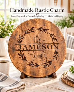 Design 3 personalized wooden Lazy Susan with wreath and family name engraving