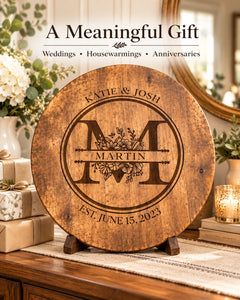 Design 4 personalized wooden Lazy Susan with floral split monogram engraving