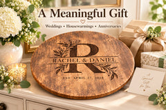 Design 5 personalized wooden Lazy Susan with split letter monogram and couple names