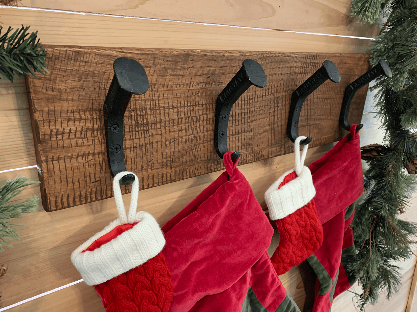 Rustic Farmhouse Christmas Stocking Holder for Wall Hanging - 4 Hooks