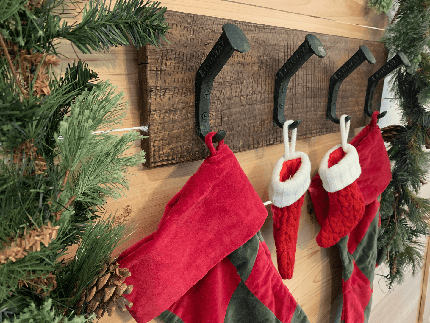 Rustic Farmhouse Christmas Stocking Wall Holder - 4 Hook - Dark Walnut