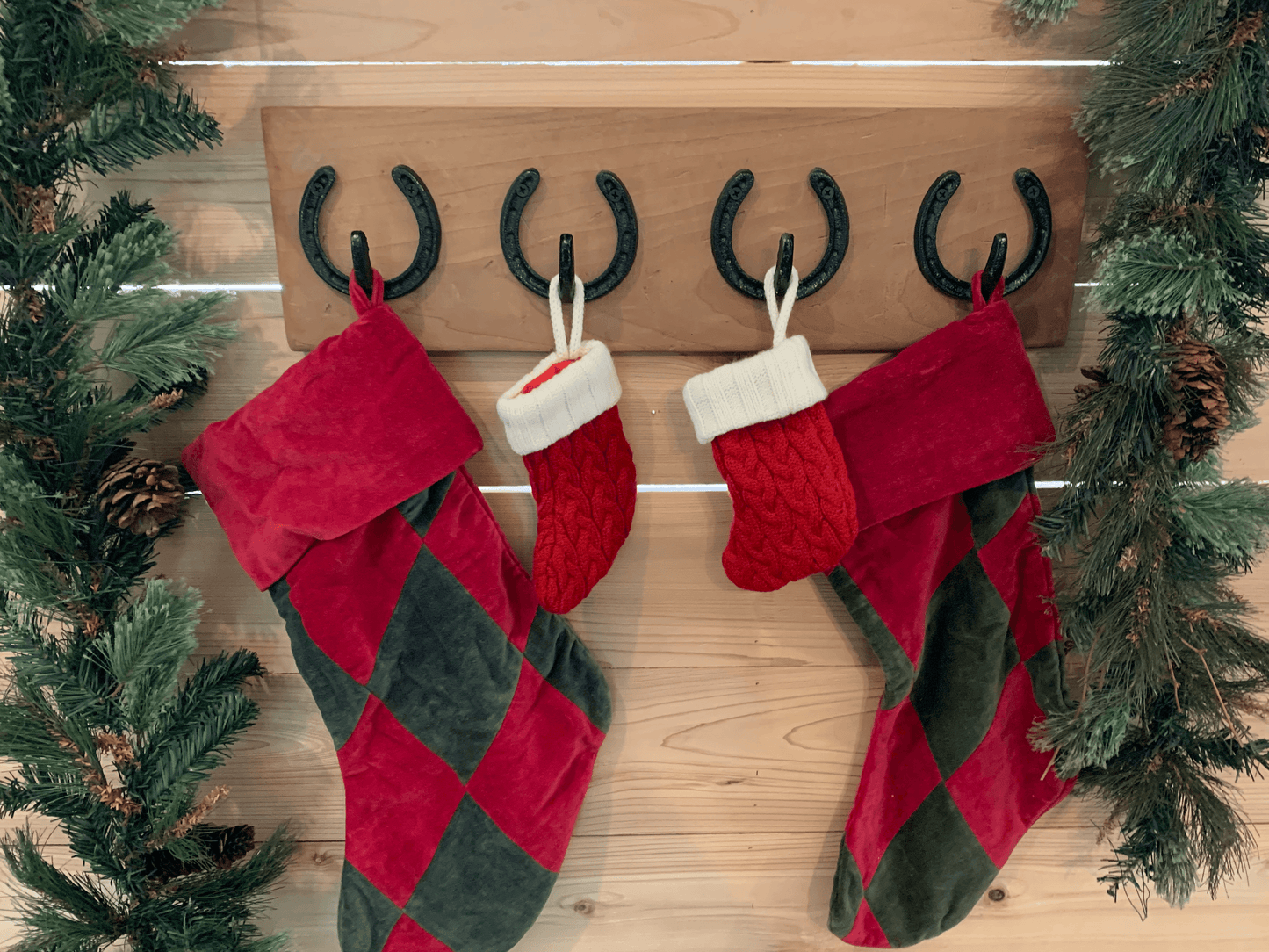 Rustic Horseshoe Christmas Stocking Holder - 4 Hooks