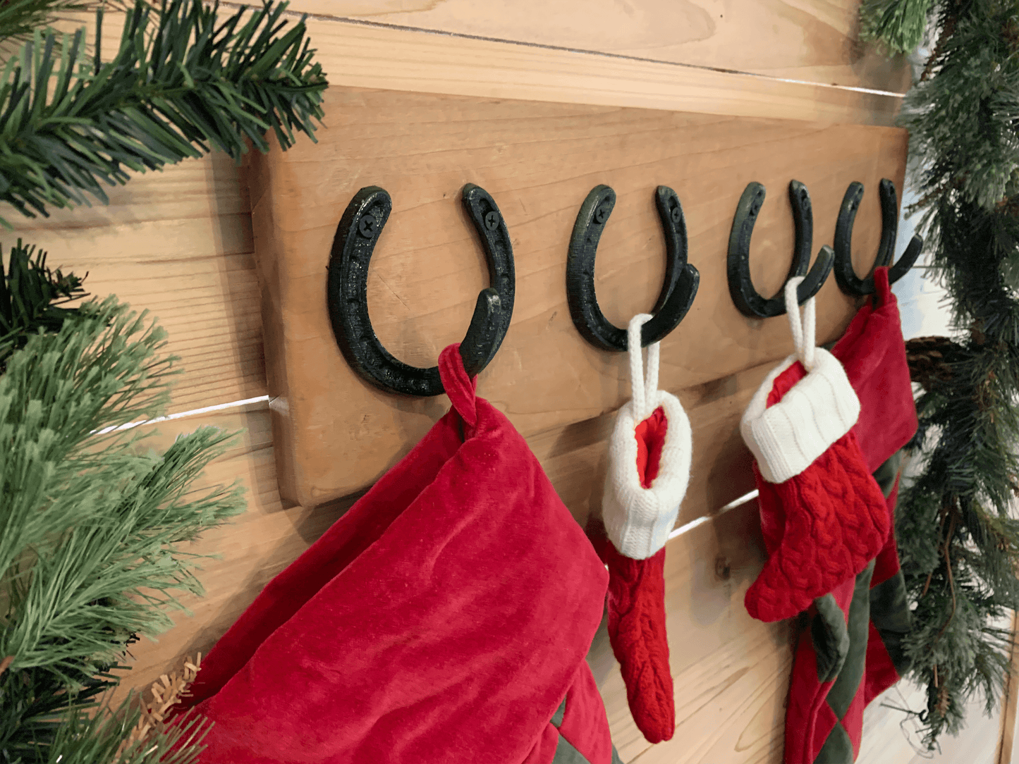 Rustic Horseshoe Christmas Stocking Holder - 4 Hooks