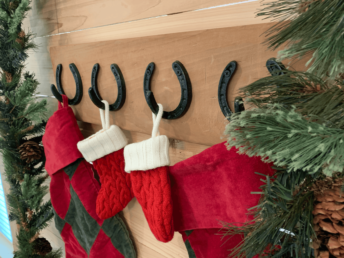 Rustic Horseshoe Christmas Stocking Holder - 4 Hooks