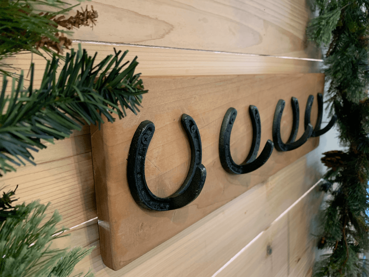 Rustic Horseshoe Christmas Stocking Holder - 4 Hooks