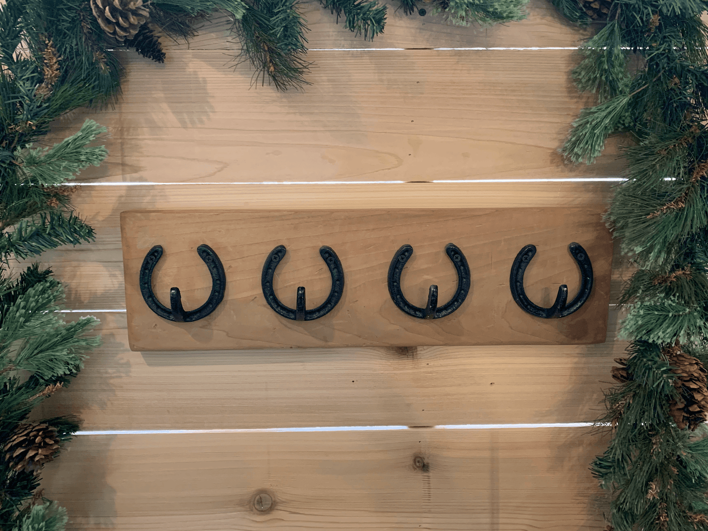 Rustic Horseshoe Christmas Stocking Holder - 4 Hooks