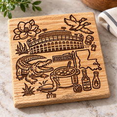 Engraved white oak trivet with rubber feet