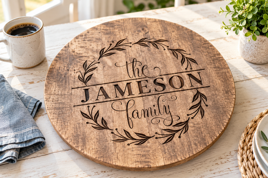 Personalized wooden Lazy Susan with jameson family engraving