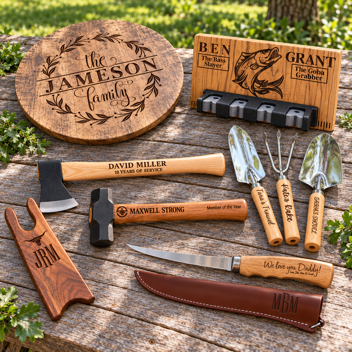 Personalized boot jack, axe, sledgehammer, lazy Susan, garden tools, fillet knife, and fishing rod holder displayed outdoors