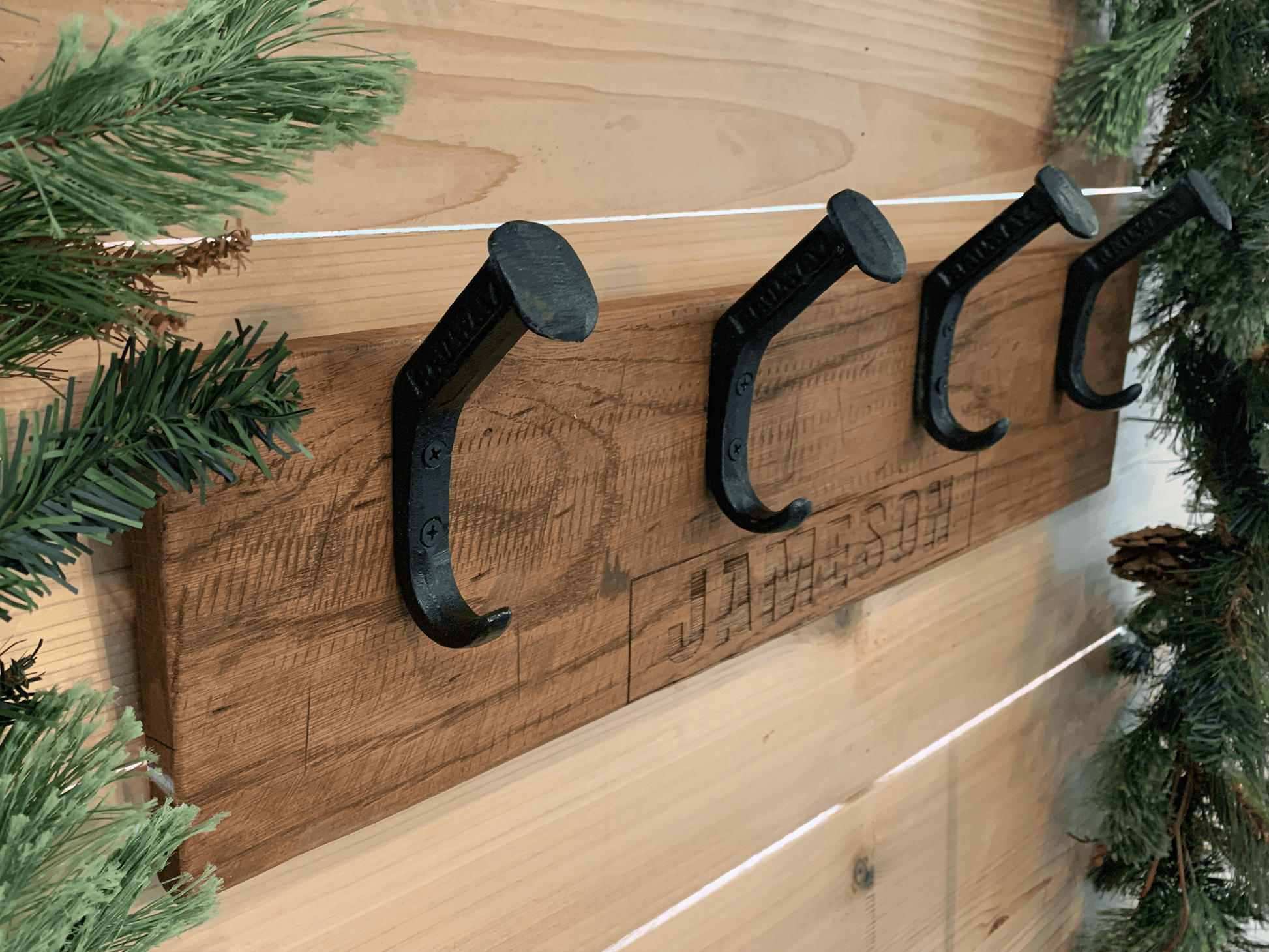 Personalized Rustic Wooden Wall Rack for Hats, Caps, & Coats - 4 Hooks