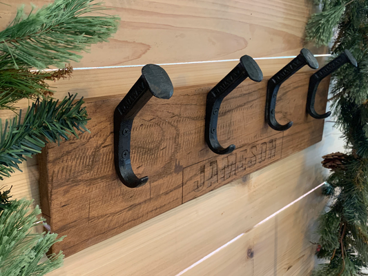 Personalized Rustic Wooden Wall Rack for Hats, Caps, & Coats - 4 Hooks