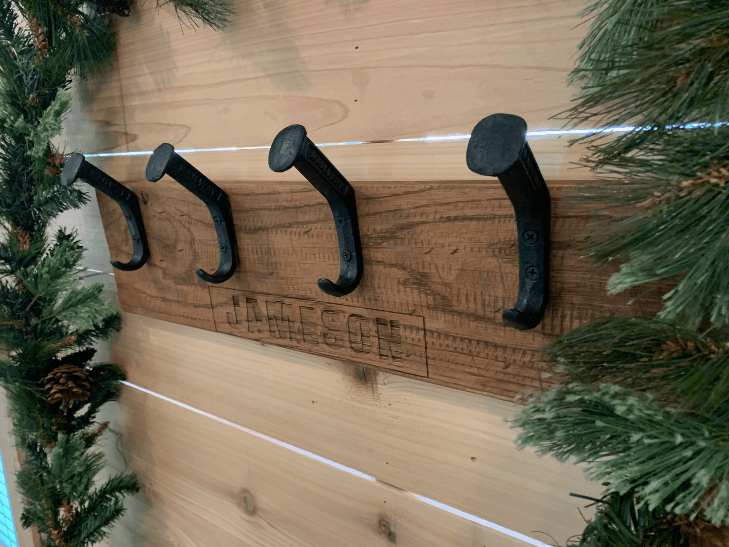 Personalized Rustic Wooden Wall Rack for Hats, Caps, & Coats - 4 Hooks