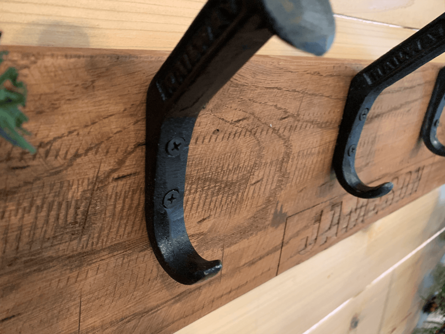 Personalized Rustic Wooden Wall Rack for Hats, Caps, & Coats - 4 Hooks