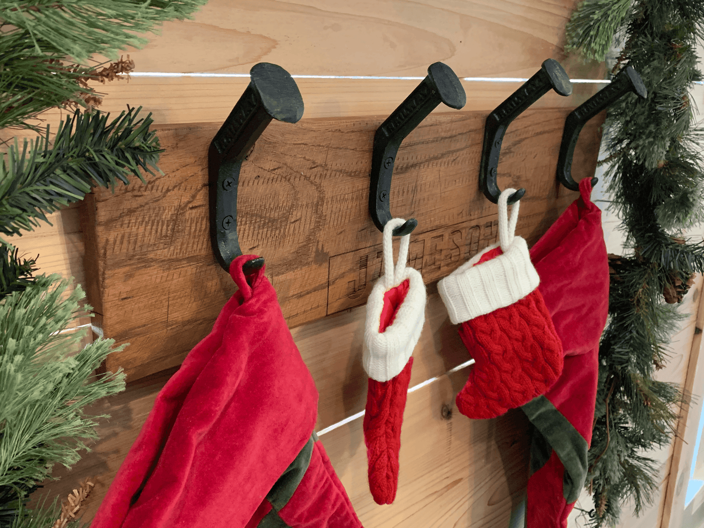 Personalized Rustic Wooden Wall Rack for Christmas Stockings - 4 Hooks