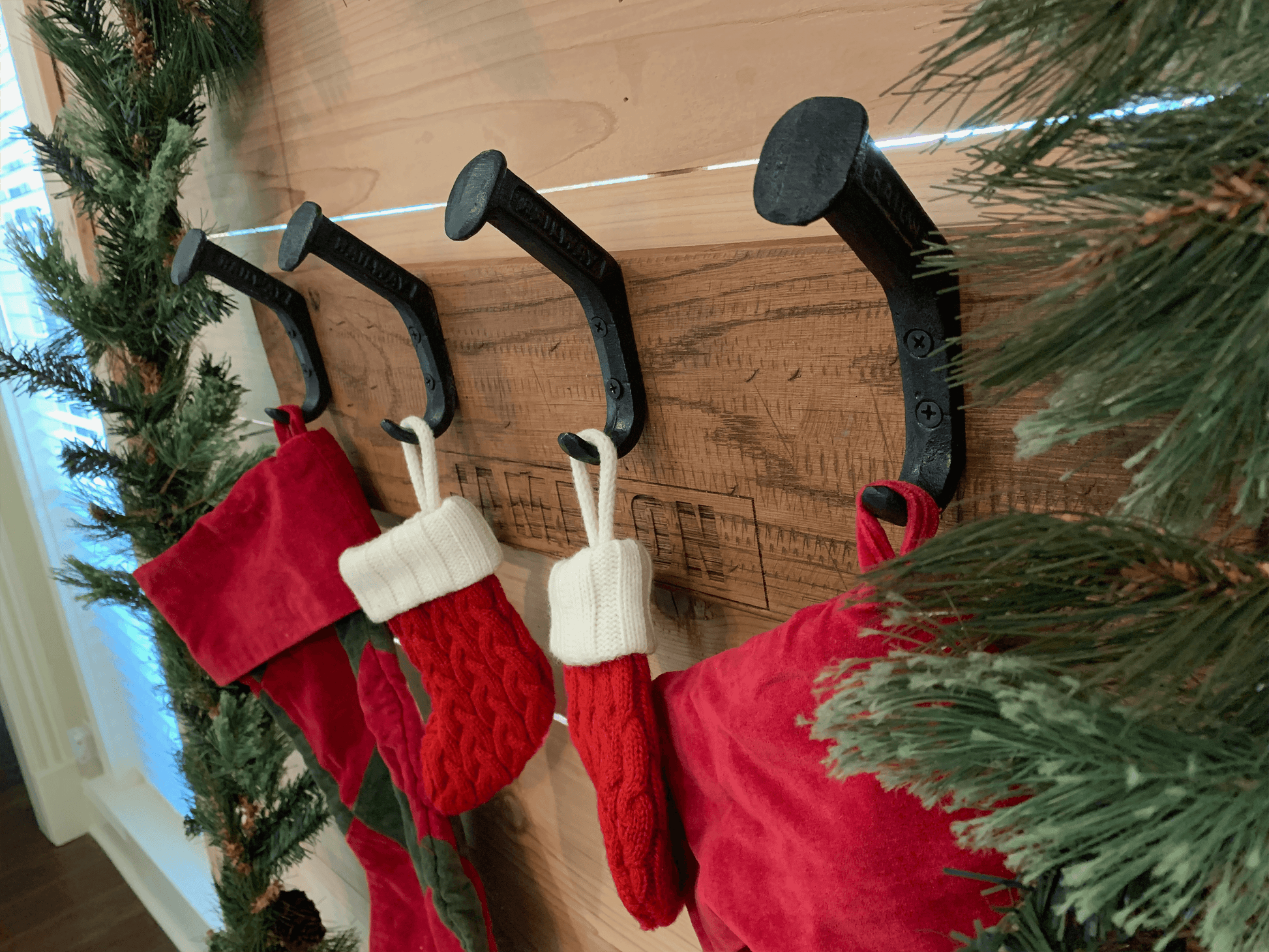 Personalized Rustic Wooden Wall Rack for Christmas Stockings - 4 Hooks