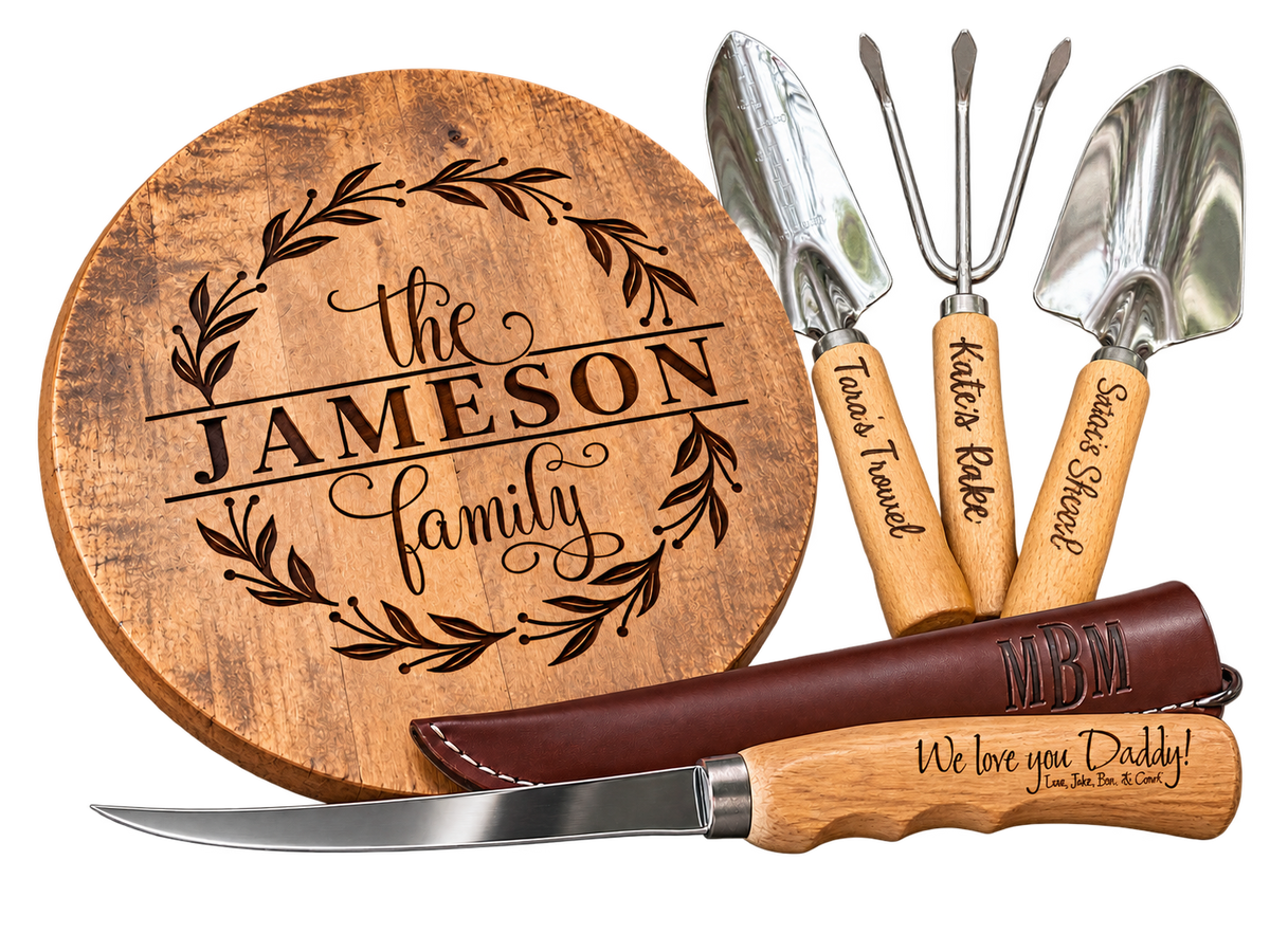 Personalized Lazy Susan, fillet knife and engraved garden tools