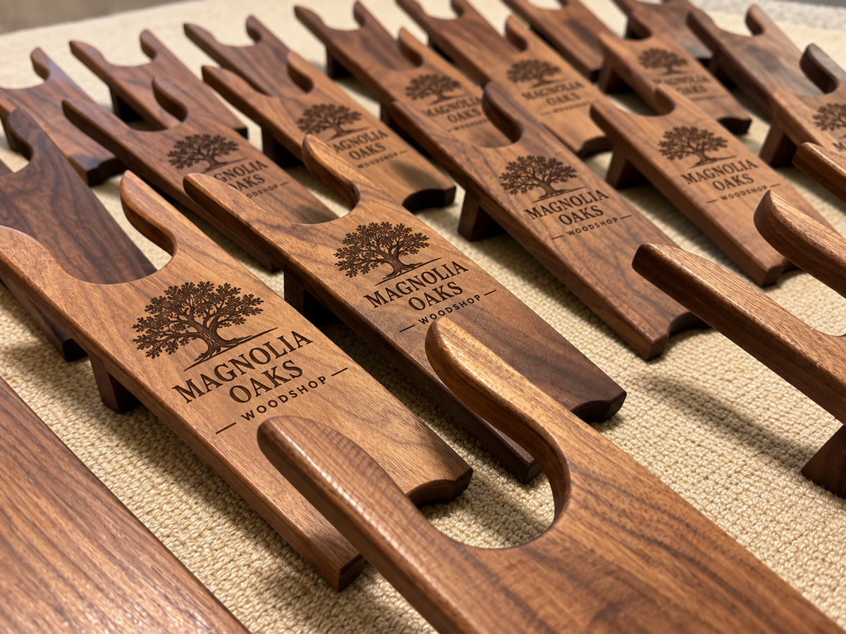 Company logo engraved walnut boot jacks for corporate gifts