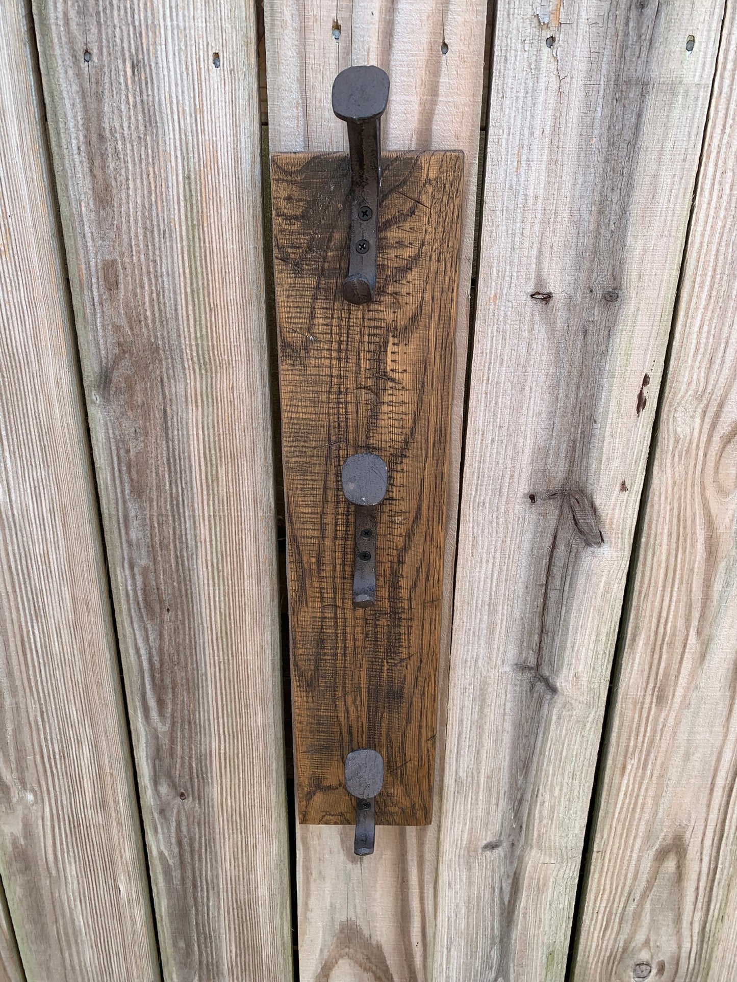Backpack Wall Rack with 3 Railroad Stakes in Rustic Farmhouse Style